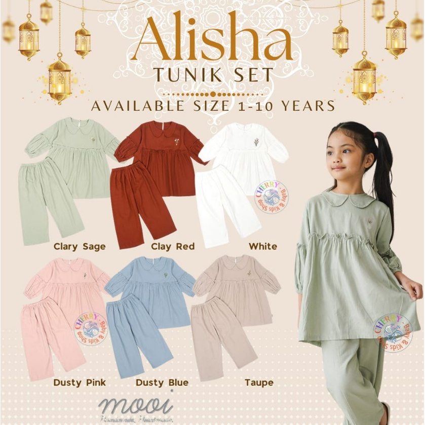 Mooi Alisha Tunik Set 1-10 Tahun Setelan Raya / Tunik Set Ruffle Lebaran Anak Perempuan Pakaian Muslim CBKS S23