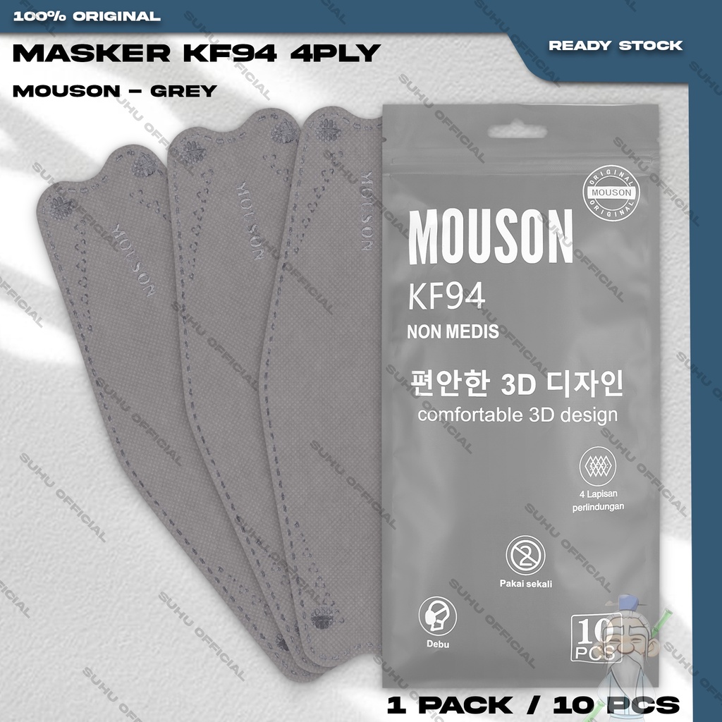 ❤️ SUHU ❤️ Masker KF94 MOUSON 4Ply Isi 10Pcs Grey Abu Tua Korea KF 94 4 Ply earloop Surgical Mask
