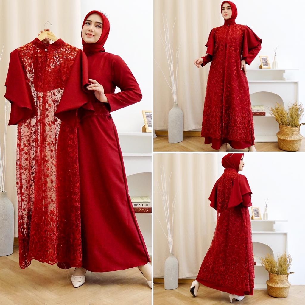 2IN1 GEORGINA DRESS INNER + OUTER BRUKAT TILLE PREMIUM / FREE BELT / SET GAMIS MAXI DRESS KONDANGAN PLUS OUTER BROKAT TILE