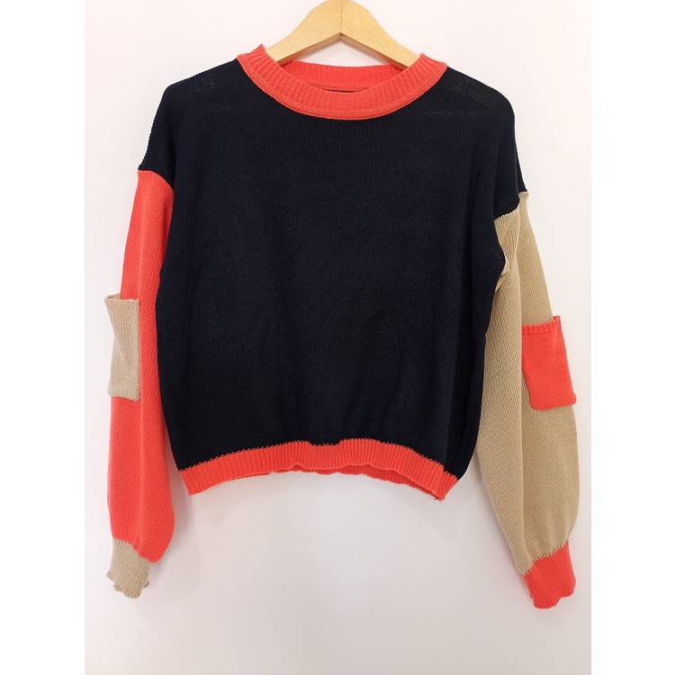 Zee Sweater Rajut Crop Top Knit Pocket Wanita Kombinasi Warna Korean Style COD Free Ongkir