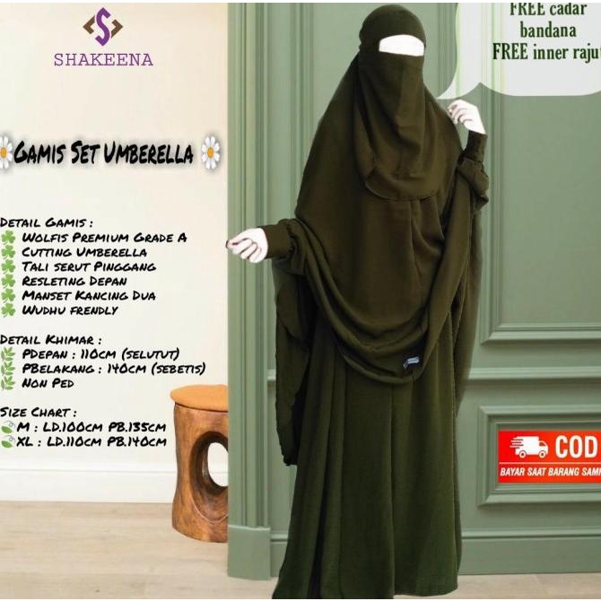 Gamis sunnah set syari Wolfis free cadar bandana