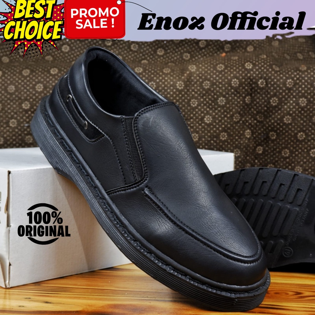 Sepatu Penny Loafers Pria Hitam Casual Formal Kulit PU Sintetic Faux Premium Slip on Slop Enoz Nitro Black