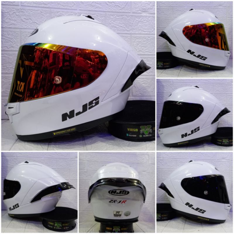 HELM NJS ZX-1R SOLID WHITE GLOSSY PAKET GANTENG VISOR IRIDIUM + SPOILER