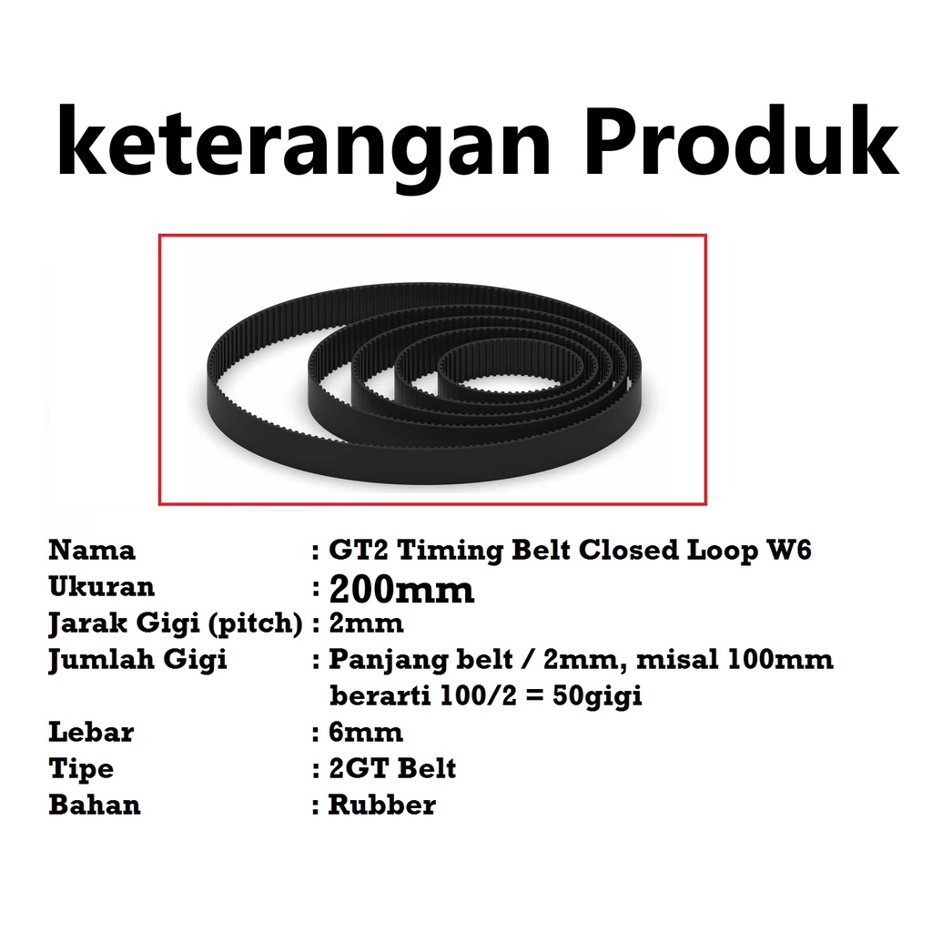 [HAEBOT] GT2 Timing Belt W6 6mm 200mm Closed Loop Rubber CNC Sabuk Sambung 3D Printer Pitch 2mm Mekanik Pulley Axis