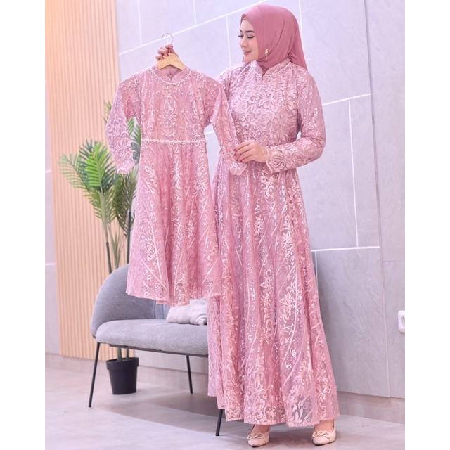 Permata Olshop / Couple Kebaya Gamis Brukat Tulle Ibu dan Anak / Kebaya Gamis Brukat Busui Modern / Gamis Couple Kondangan Ibu dan Anak / Gamis Modern