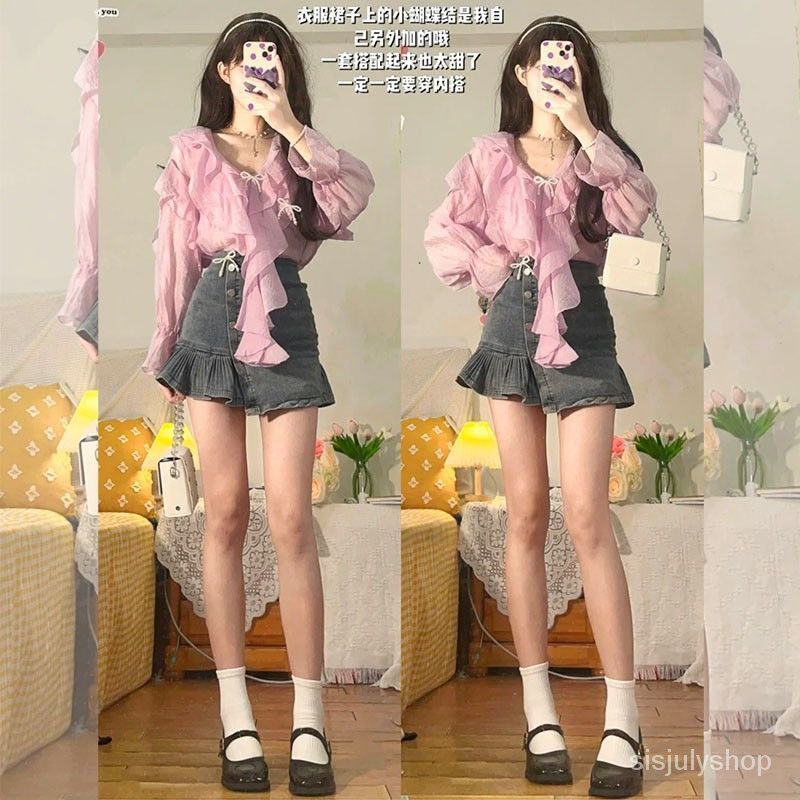 [✅BISA COD] #Sisjuly# Setelan dua potong rok pendek denim gaya Hong Kong wanita ukuran besar