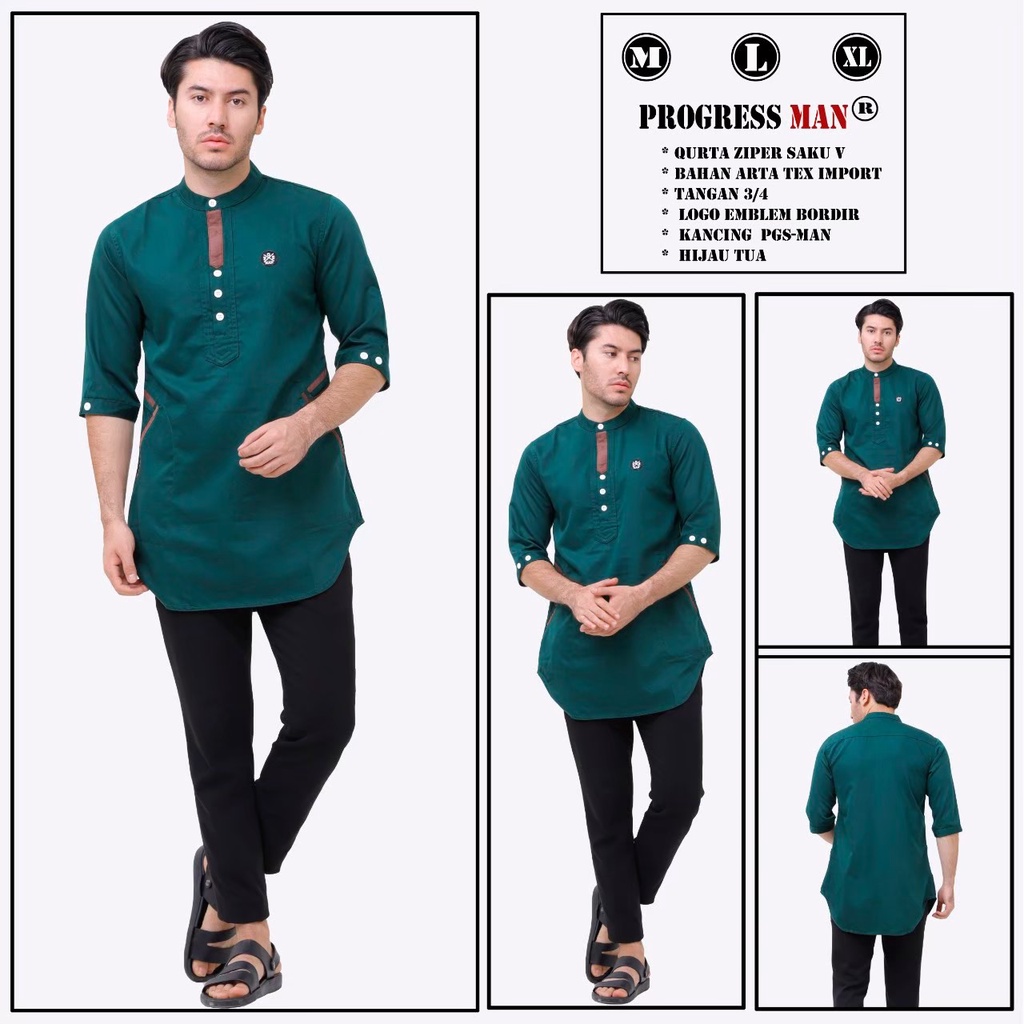 PROGRESS MAN Baju Muslim Pria Dewasa Premium  Kurta V  Koko Cowok Original Lengan Tiga Perempat kurta Pakistan Terbaru Lebaran 2023 Warna V MOCCA