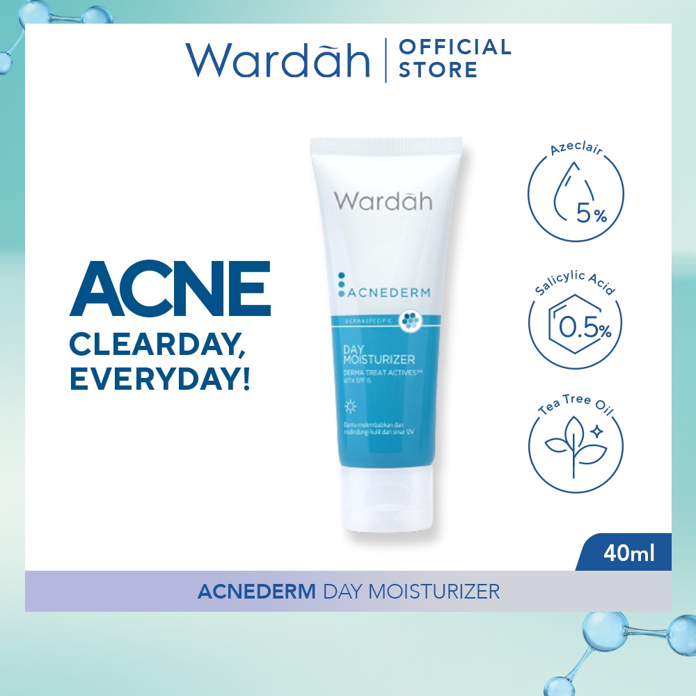 WARDAH Acnederm Day Moisturizer Indonesia / Pelembab Wajah 40ml / Derma Treat Actives With SPF 15 Bantu Melembabkan Dan Melindungi Kulit Dari Sinar UV / Sunscreen Sunblock Skincare Face Care Series / Foaming Cleanser Toner Serum Night Acne Spot Gel Powder