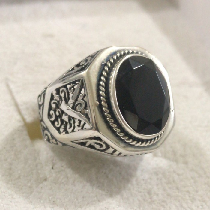 Cincin Ring Perak Silver Bali Asli 925 Ukir Segi delapan Batu Natural