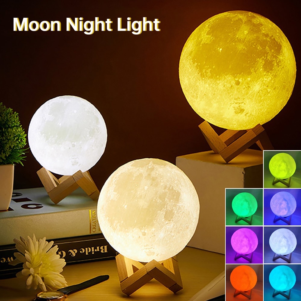 Lampu Tidur Bulan 3D Printed Moon Night Light Lamp 7 Color 1W - OU12 - Multi-Color