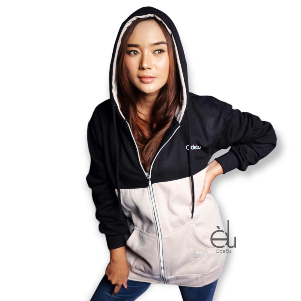 ODECU PREMIUM HOODIE ZIPPER TWO COLOR BLACK BEIGE SWEATER WANITA PRIA