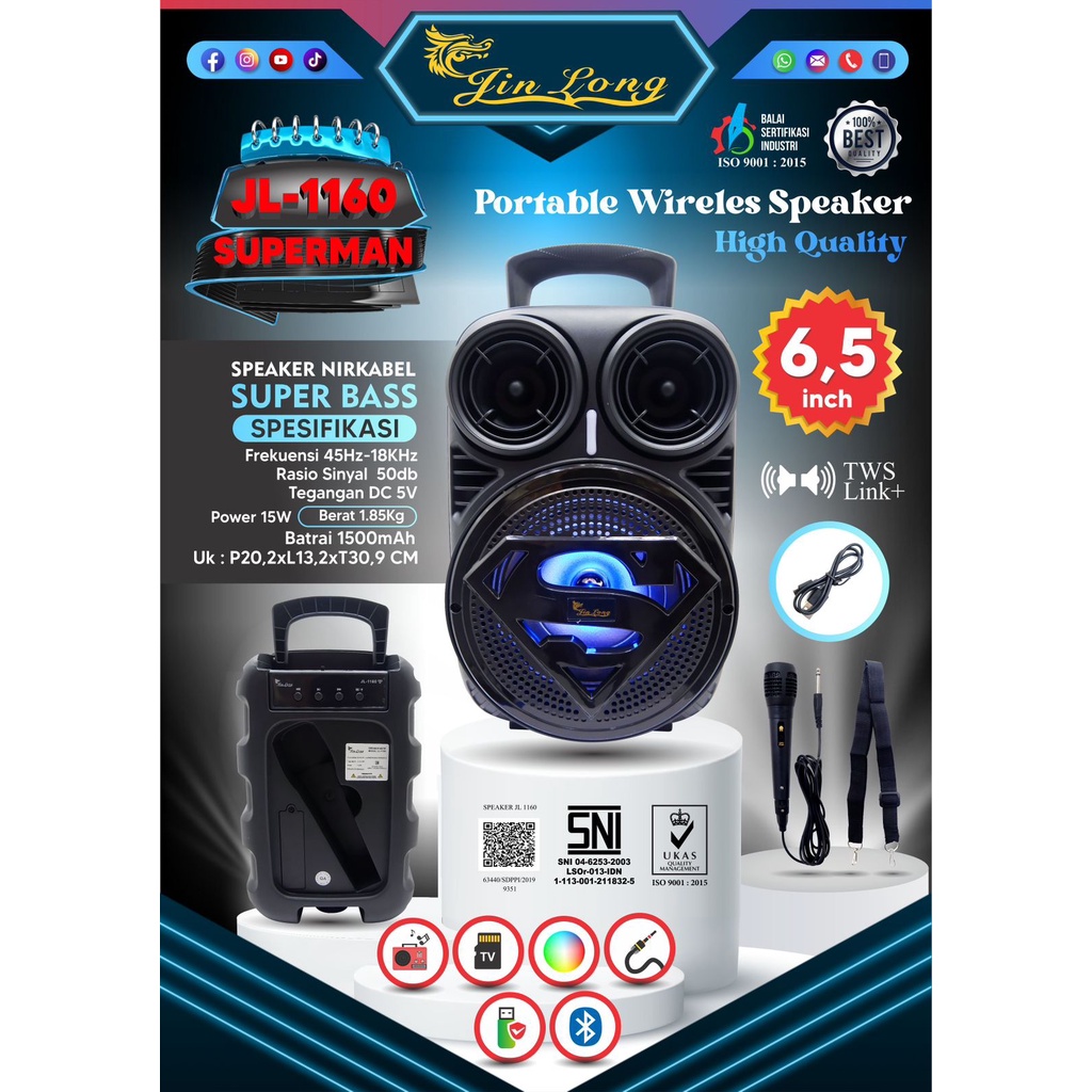 PROMO SPEAKER BLUETOOTH KARAOKE JINLONG JL1160  6.5&quot; SERI SUPERMAN BONUS MIC DAN TALI GANTUNGAN TERBARU