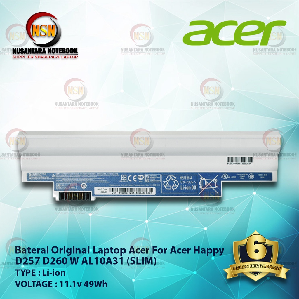 Baterai Original Acer AL10B31 For Laptop D255 D260 AO522 WHITE SLIM 11.1V 49Wh