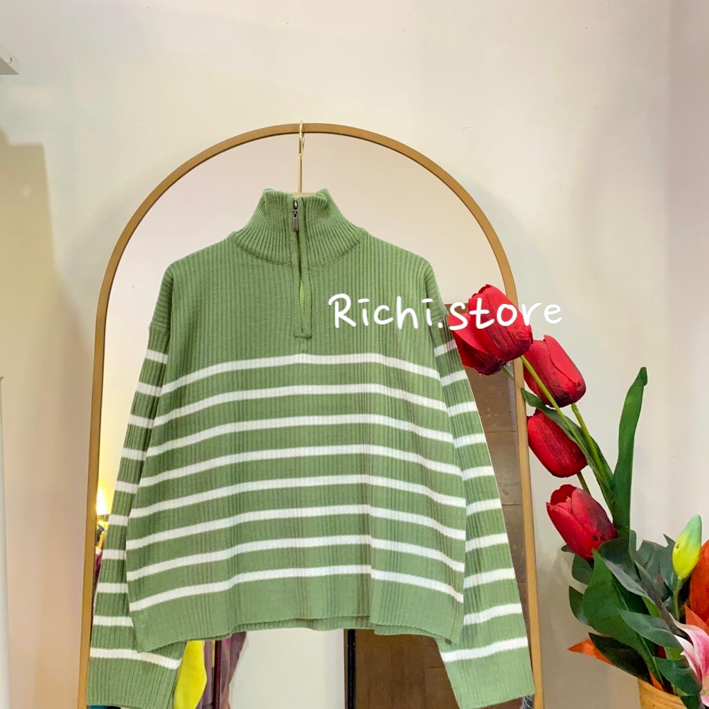 NANDA ZIPPER BLOUSE RAJUT TURTLENECK MOTIF GARIS