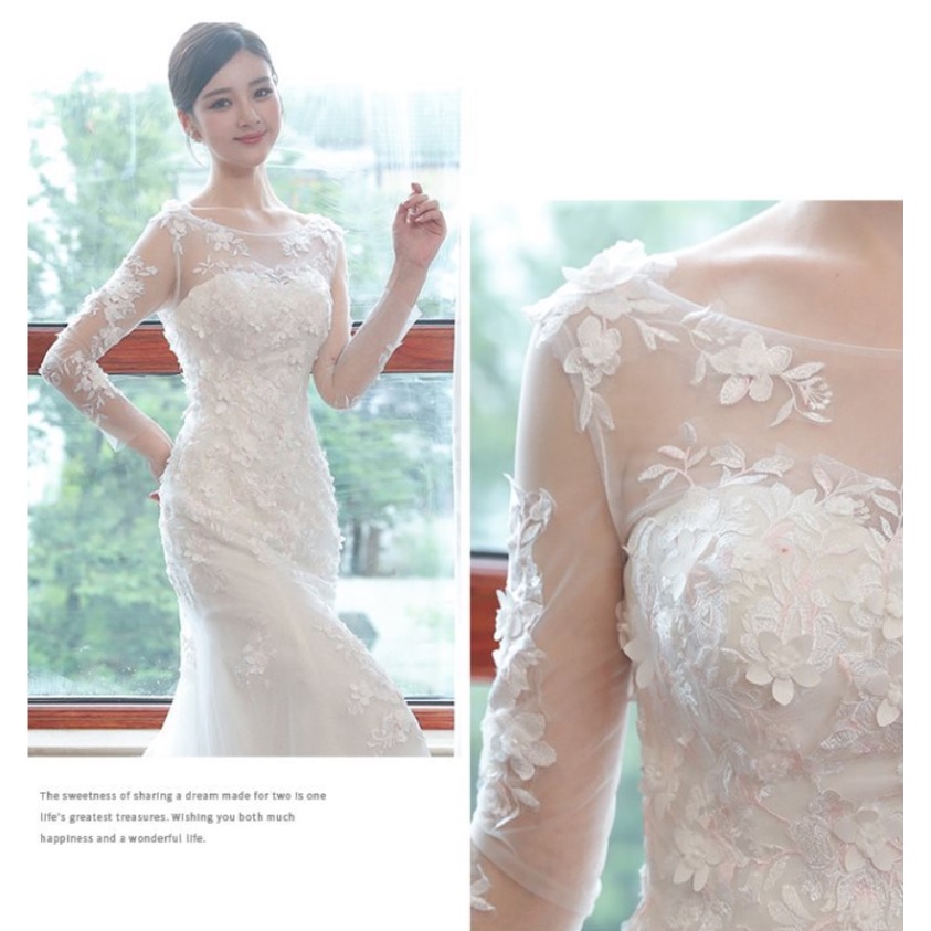 White 3D Flower Lace Long Sleeve Slim Fit Mermaid Long Tail Bridal Dresses Fishtail Wedding Dresses Gaun pengantin