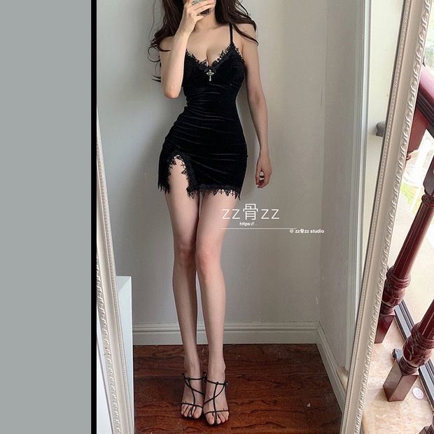 Red Seksi Feminitas Menampilkan Payudara Menampilkan Angka Royal Sister Fan Dress Beludru Bunga Renda Celah Tas Pinggul Suspender Rok