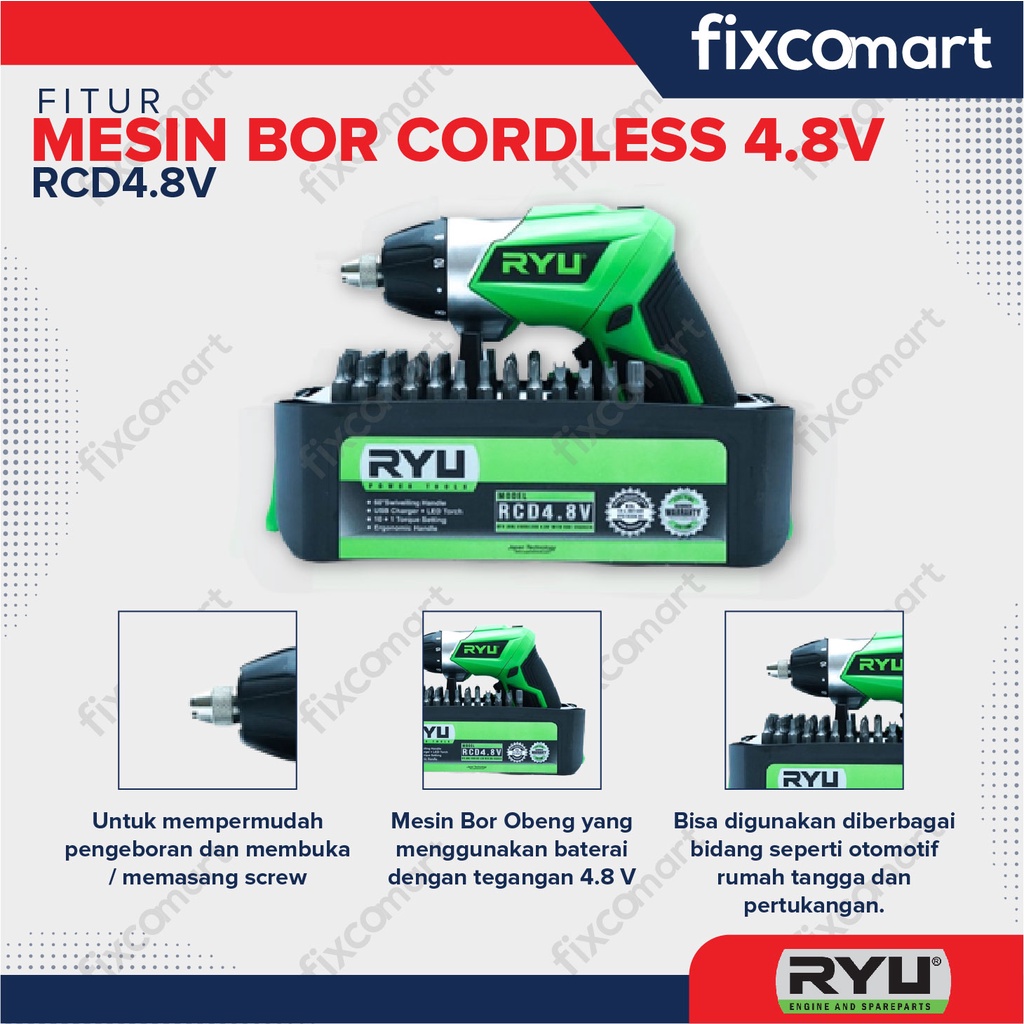 Ryu Cordless 4.8 V With Usb Charger / Ryu Mesin Bor Cordless 4.8 Volt Rcd4.8V/ Rcd 4.8 V