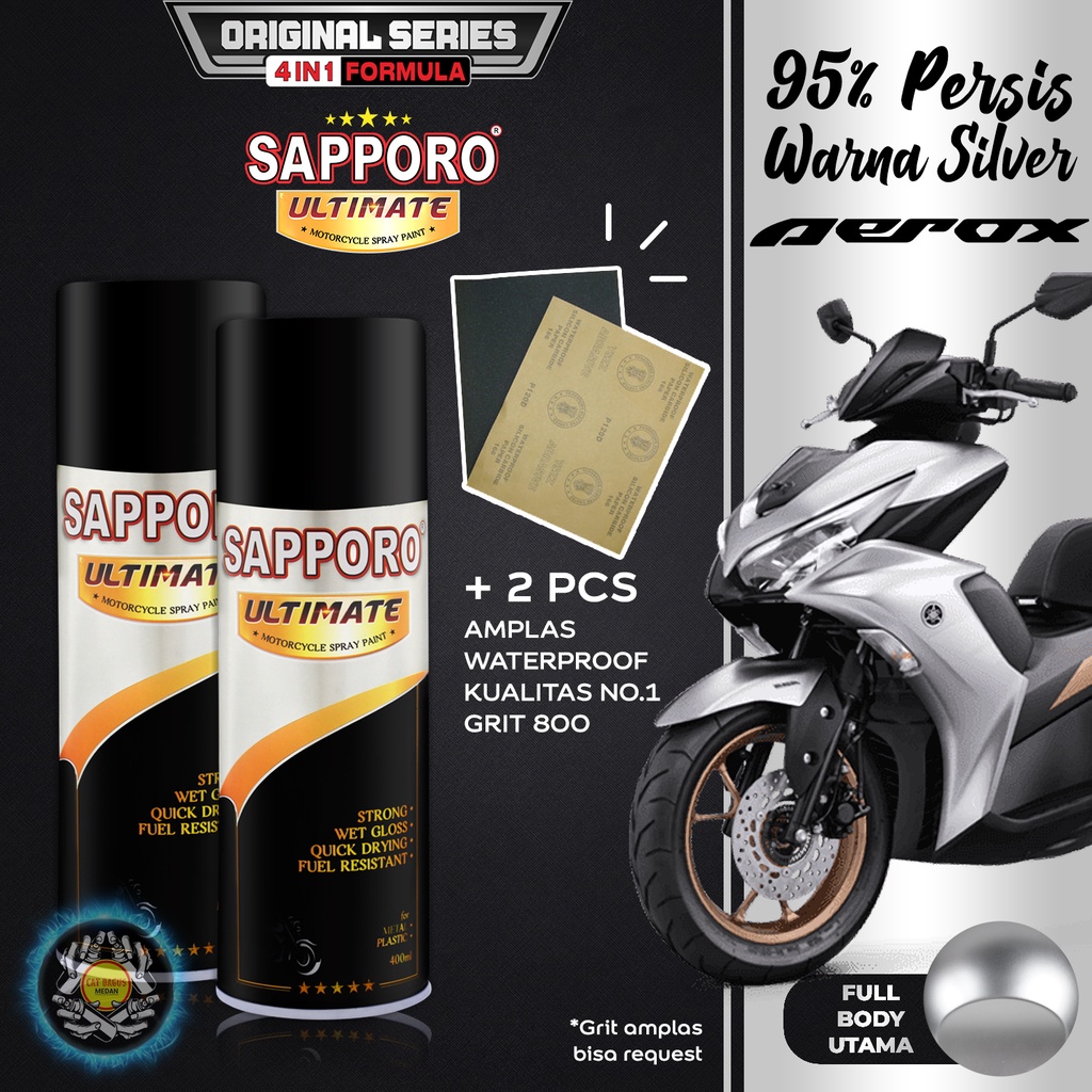 PAKET SILVER AEROX SAPPORO ULTIMATE 4 IN 1 OY04 SILVER YAMAHA ORIGINAL CAT SEMPROT 400 ML CAT BODY MOTOR AEROSOL PYLOX PRESTIGE SILVER DOF DOP BAWAAN PABRIK OY 04 155 CONNECTED ABS PILOKS PILOX PILOK DITON PREMIUM SAPORO SAMURAI MEDAN BINJAI SUMATERA