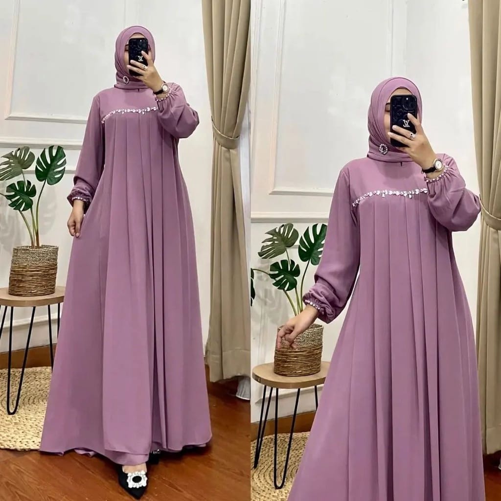 Tamara Maxy Dress Terbaru 2025 Viral Elegan Gamis Lebaran Ceruty Babydoll Aksen Mute Cantik
