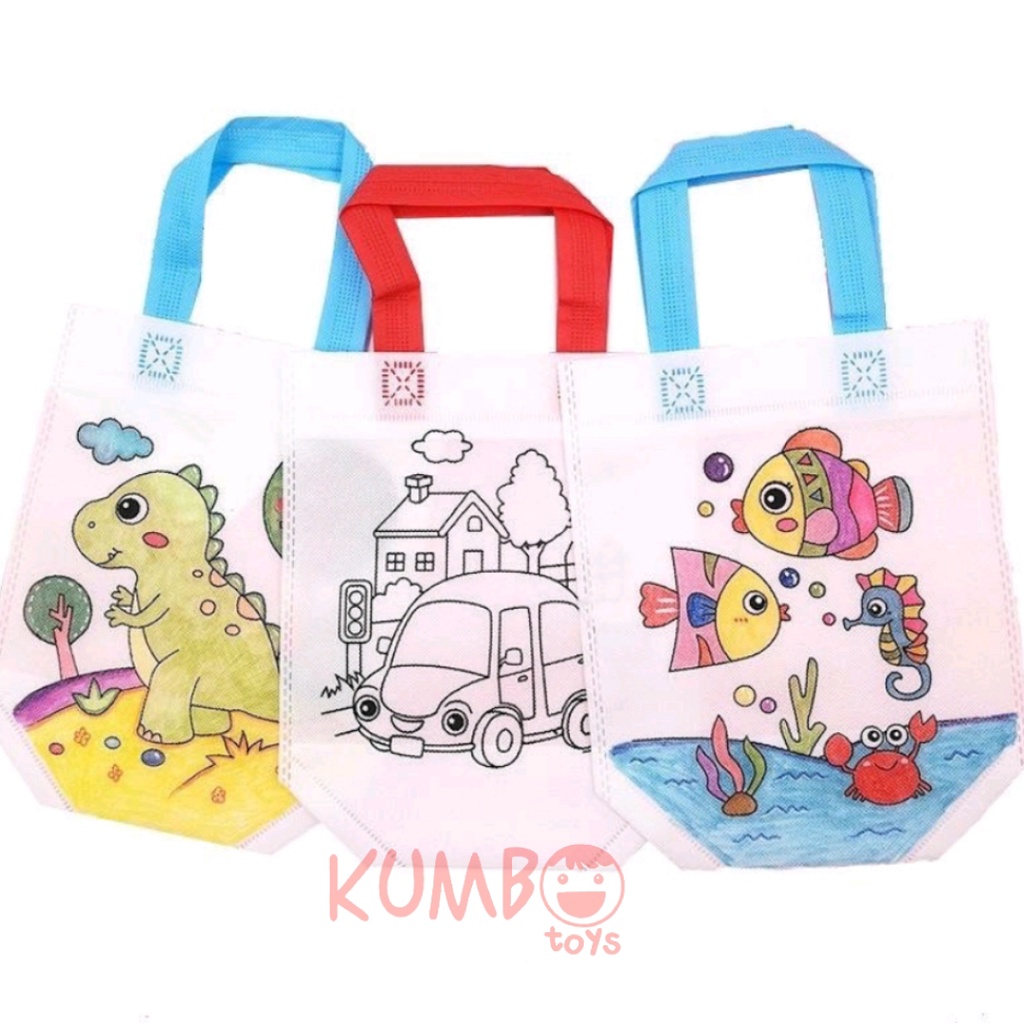 Mainan Edukasi Tas Spundbond Mewarnai 2 Sisi Bergambar DIY Coloring Goodie Bag Souvenir Ulang Tahun