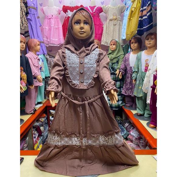 Terbaru GAMIS POLO LINEN ANAK PEREMPUAN USIA 3 TAHUN - 7 TAHUN/GAMIS LINEN KOMBINASI BRUKAT ANAK PER