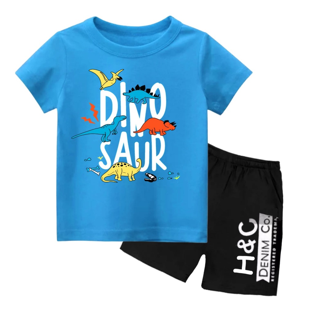 Rdkidzid Set Pendek Baju Anak Setelan Lengan Pendek Motif Dino Saur Blue