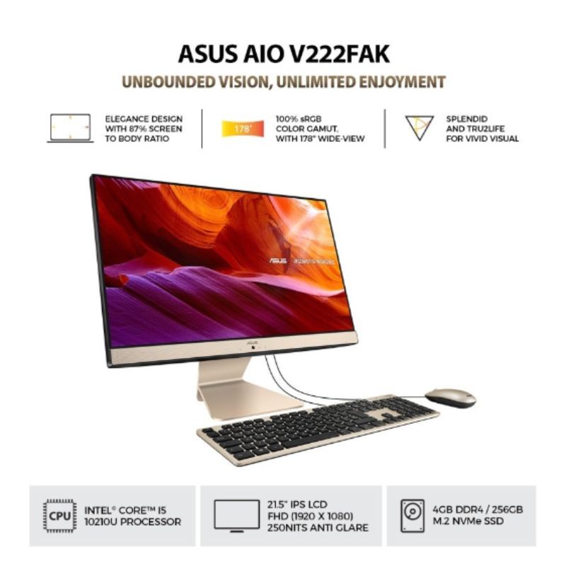 PC Asus AIO V222FAK-BA542W Core i5-10210U/4GB/256GB SSD/21.5″FHD/Win 11 Home/Black