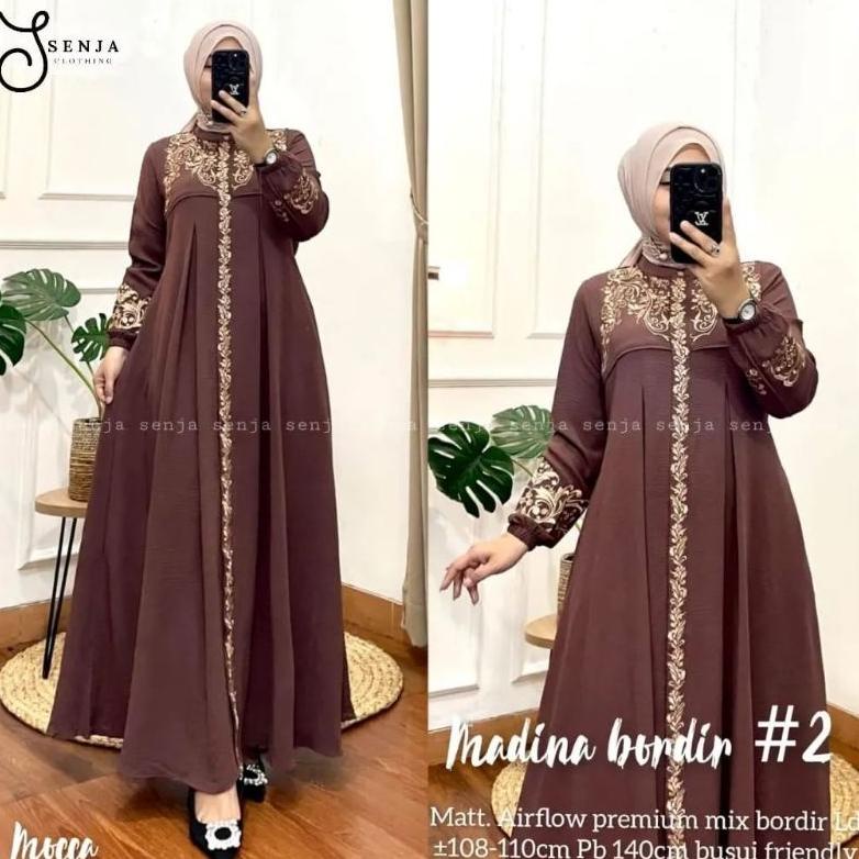 Terbaru MADINA BORDIR+Gamis Crinkle Bordir Premium/Baju Gamis Crinkle Airflow Mix Bordir Timbul Terb