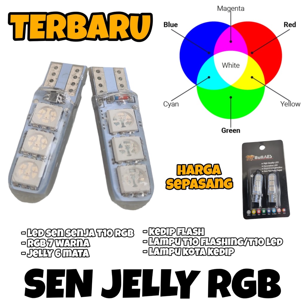 SEN SENJA T10 RGB 7WARNA JELLY 6MATA KEDIP FLASH /LAMPU T10 FLASHING / LAMPU KOTA KEDIP /T10 LED