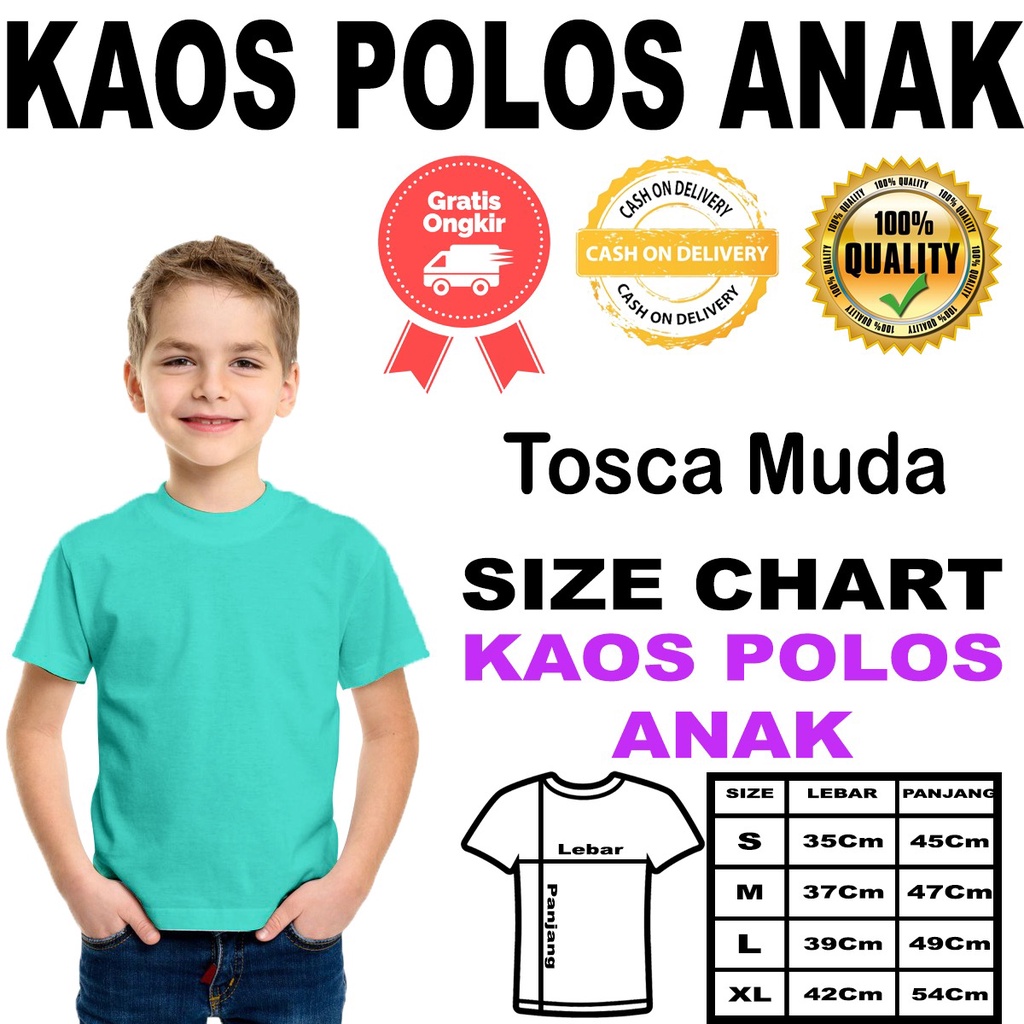 Kaos Polos Anak Anak  Bahan Polyester (Pe) Umur 2-10thn Tosca Muda
