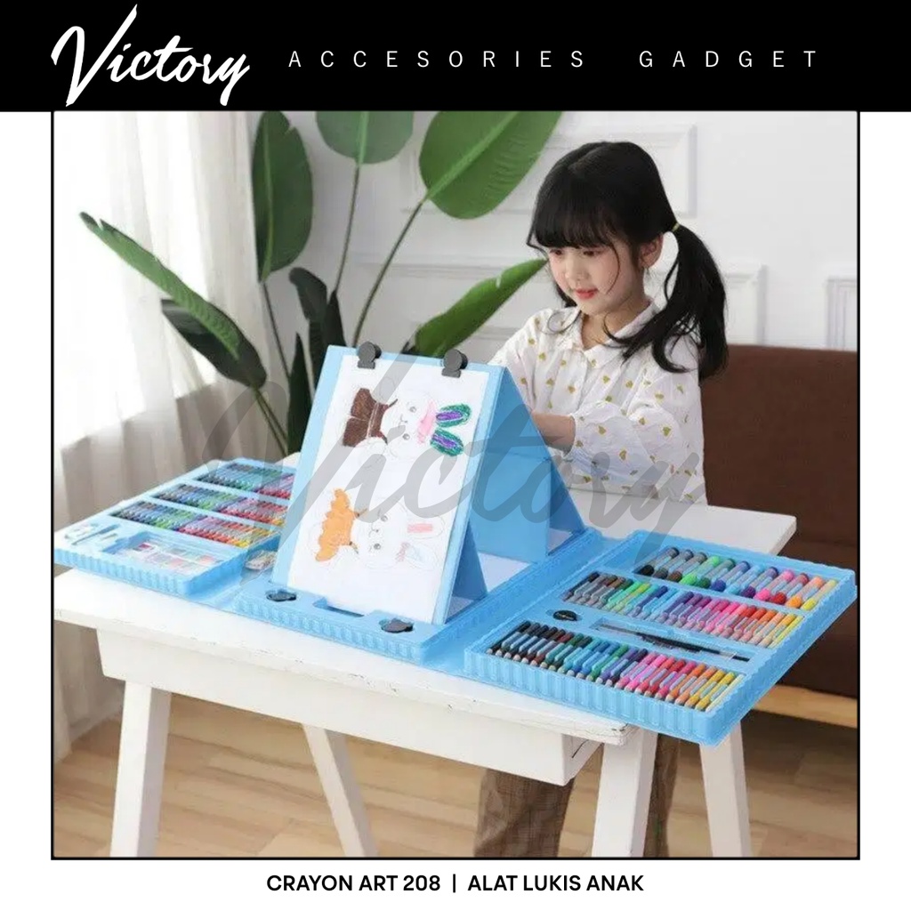 VICTORY Crayon Anak Pengasah 208pcs Set Alat Menggambar Melukis Anak-anak Crayon Cat Air Pensil