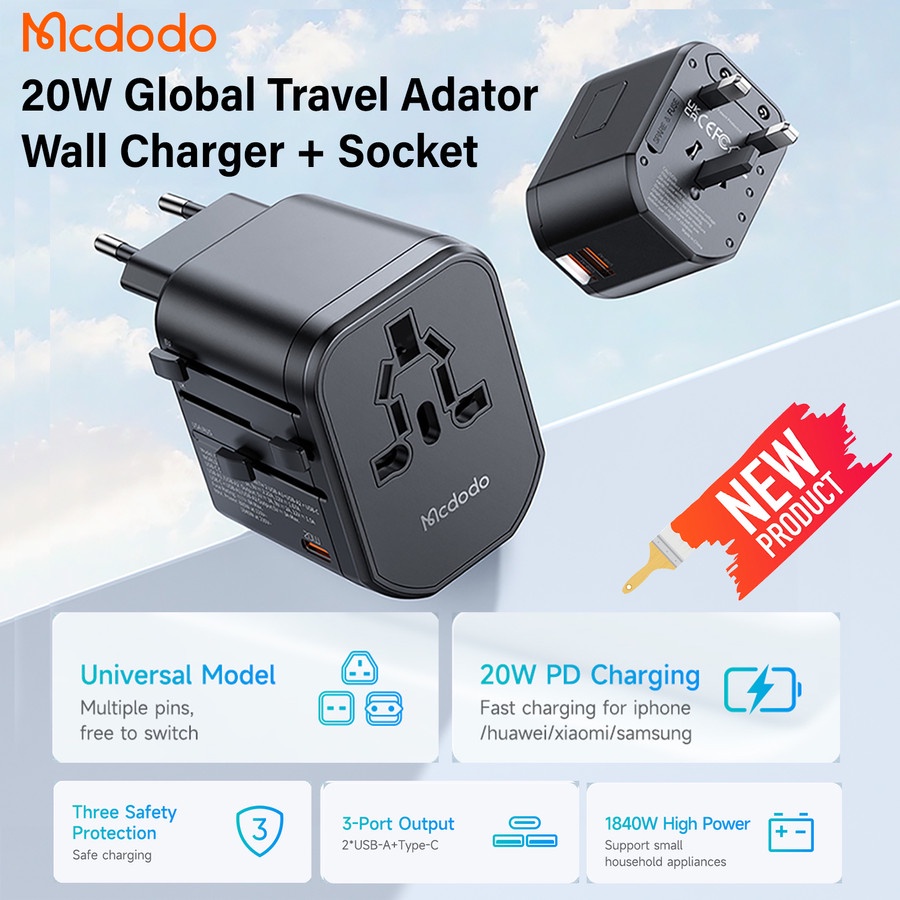 MCDODO Universal Travel Adaptor USB + Type C PD FAST Charging 20W