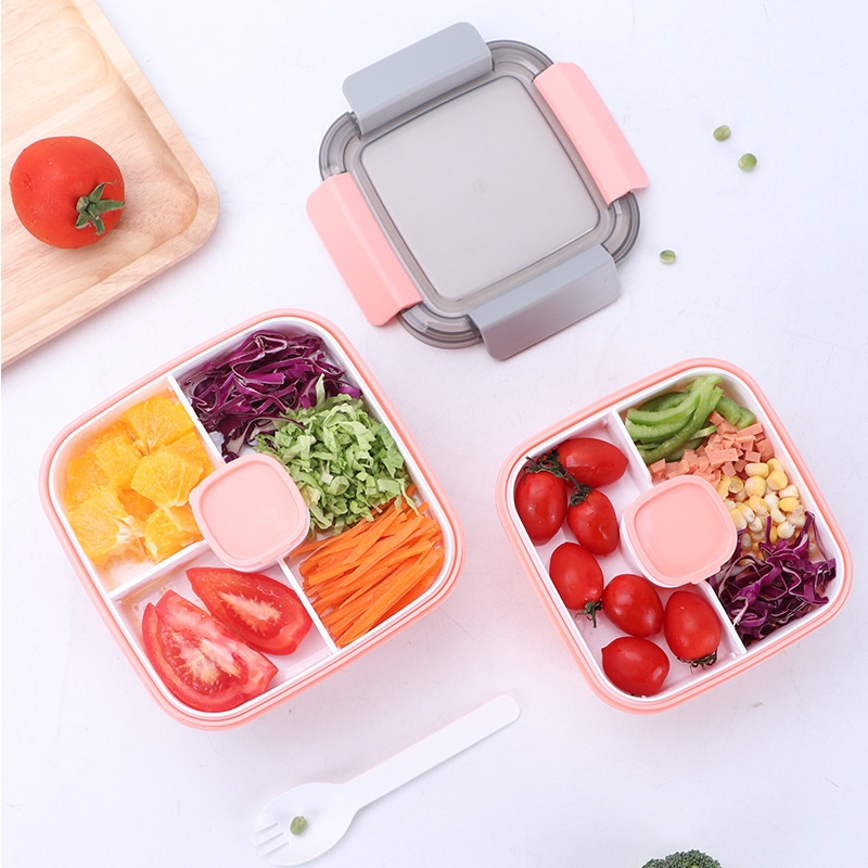 ZBH Kotak Bekal 2 Tingkat 1100Ml Free Sendok Bento Lunch Box Tempat Makanan 1.1 Liter Kotak Makan Anak Anti Tumpah Free Wadah Saus Kecil