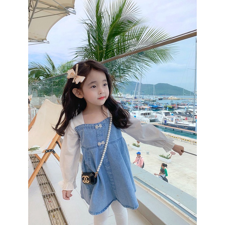 Midi Dress Lengan Panjang Anak Perempuan Fashion Import - Denim Pita