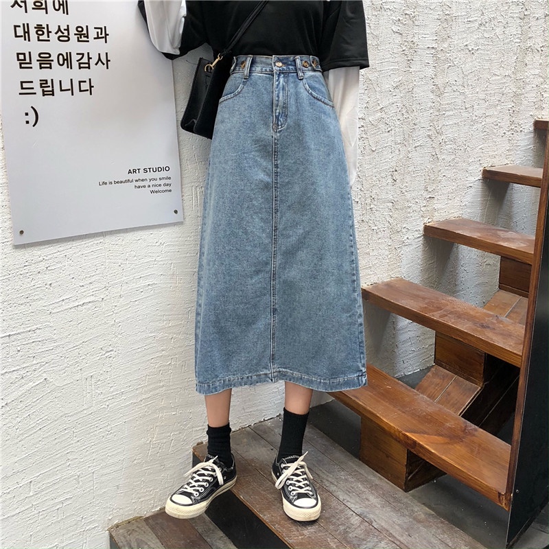 Rok Denim Wanita High Waist A-line Kekinian Skirt Import Retro Baru Wanita