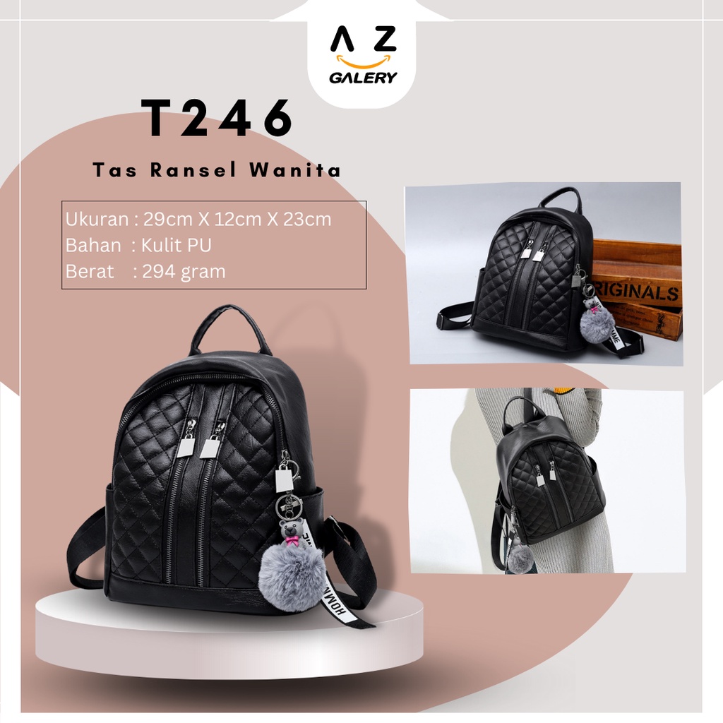 Tas Ransel Wanita Fashion Style Free Gantungan Pompom Tas Sekolah Kerja Kuliah Backpack Cewek Tas Punggung Multifungsi Kulit PU Azgalery T246