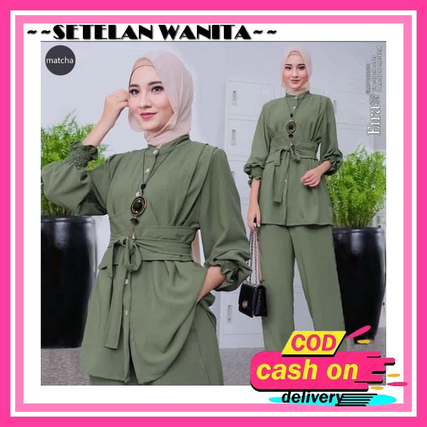 Lemona One Set Linen Wanita Muslimah Terbaru Modis Kekinian Best Seller Bisa Cod By Anty Hijab Fashi