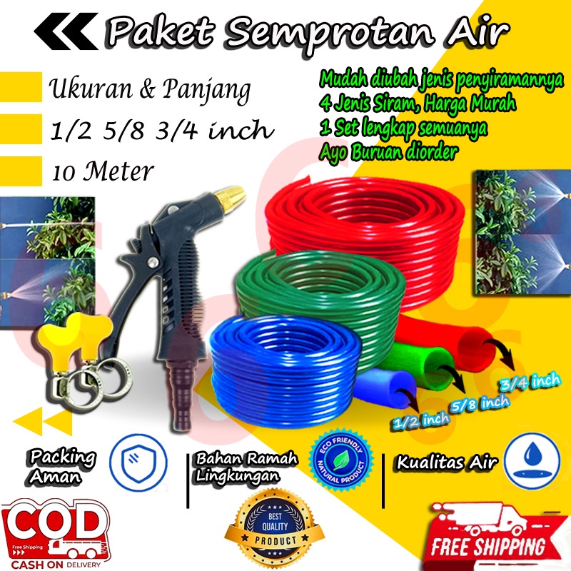 SEPAKET KEPALA SEMPROTAN SELANG AIR ELASTIS DOP 10 METER 1/2 5/8 3/4 INCH SELANG TAMAN KEBUN JET SPRAY COD