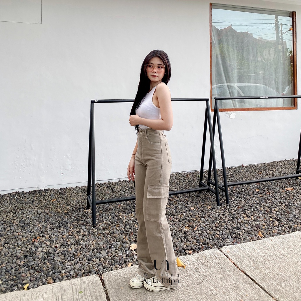 Tara Cargo Mocca - Highwaist Cargo Jeans Pants Wanita