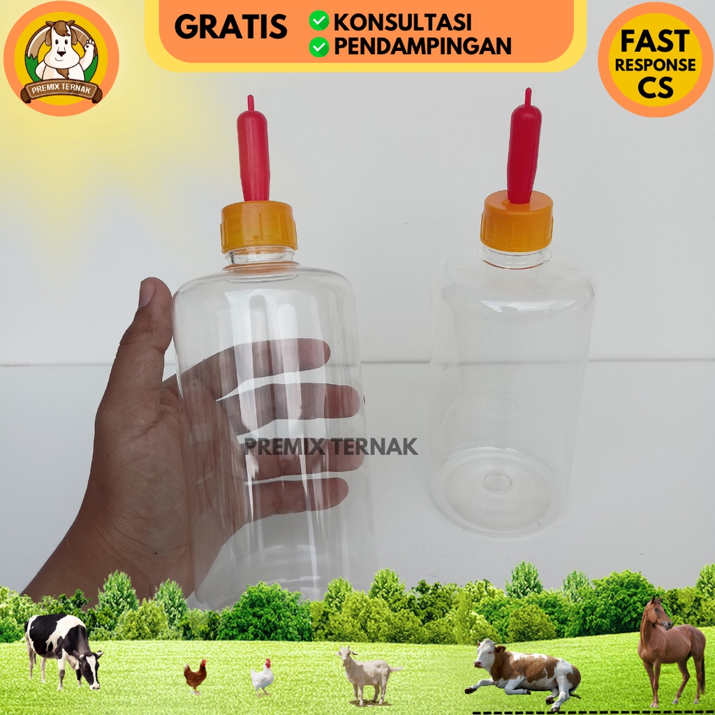 BOTOL DOT ANAK KAMBING 500ml - Dot Merah Kuning Berseal - Botol Dot Cempe Kambing Domba - Botol Bening Dot anak kambing