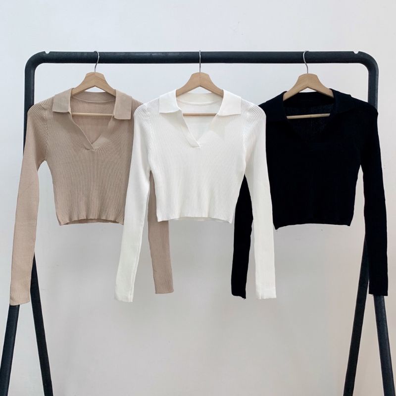 Yansan Switer Rajut / Cardigan Rajut Crop Top Polo Basic Lengan Panjang Premium / Cardigan Rajut kekinian / Crop Basic korean style model terbaru / Sweater Cardigan wanita terkini