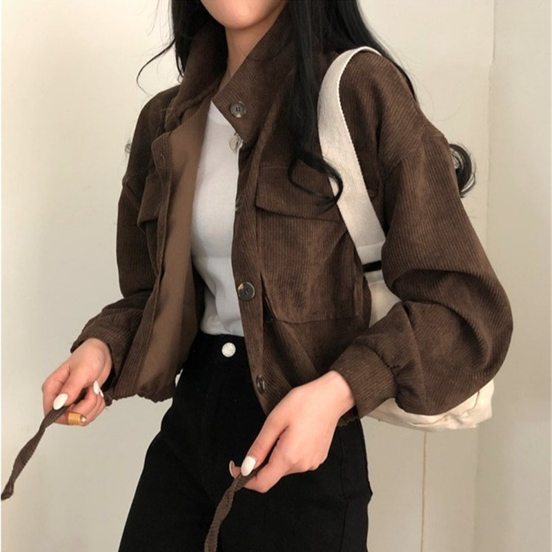 EUNII Jaket Crop Lengan Panjang Corduroy Wanita Jacket Korean Style