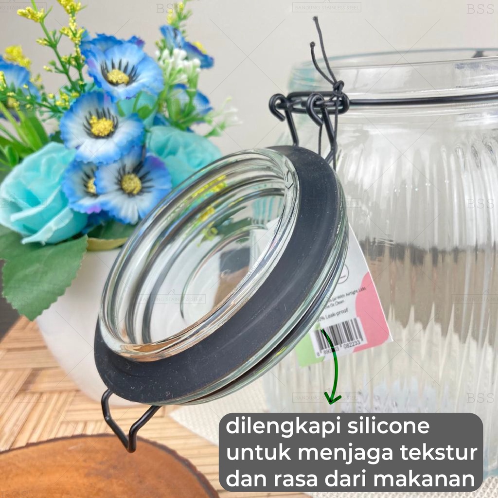 Toples Kaca Aesthetic Ripple 1.4L 1.9L Wadah Bumbu Makanan Camilan Kue Kering Lebaran Kedap Udara Glass Jar Tutup Kait