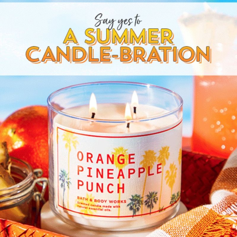 BATH AND BODY WORKS BBW ORANGE PINEAPPLE PUNCH 3 WICK SCENTED CANDLE MADE WITH ESSENTIAL OILS 411 G