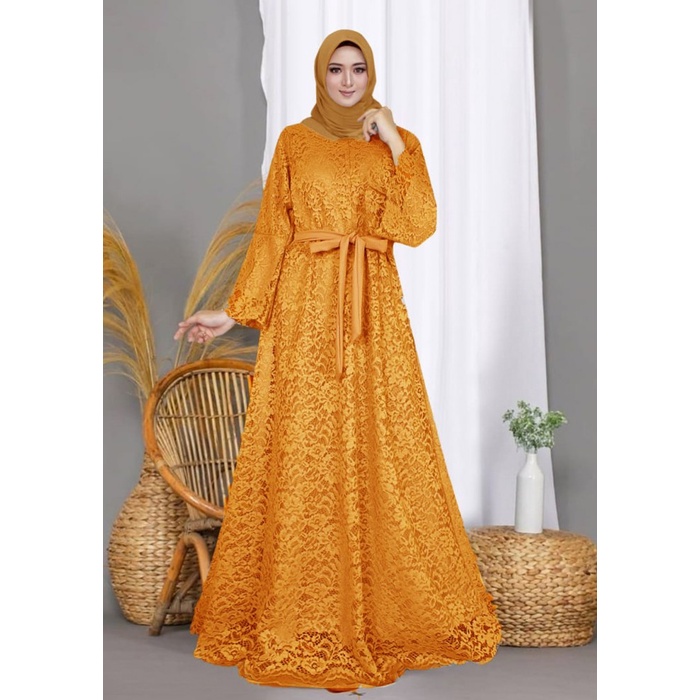 Gamis Gamis Wanita Muslim Brukat Lengan Panjang - Maxi Carmila - M,L,XL,XXL- - mustard, M mewah term