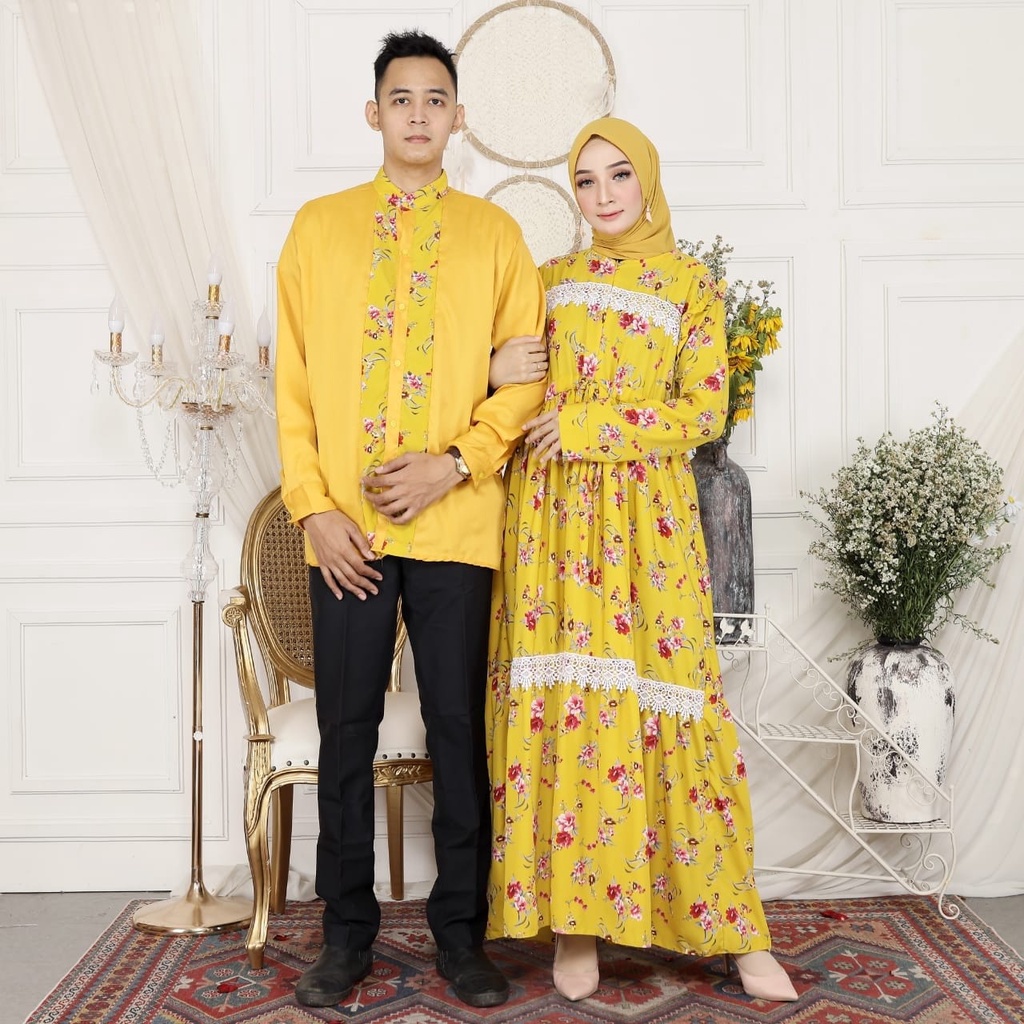 Couple Muslim Pasangan Maxi Gamis Dan Kemeja Flower Srikandi HOPYLOVY