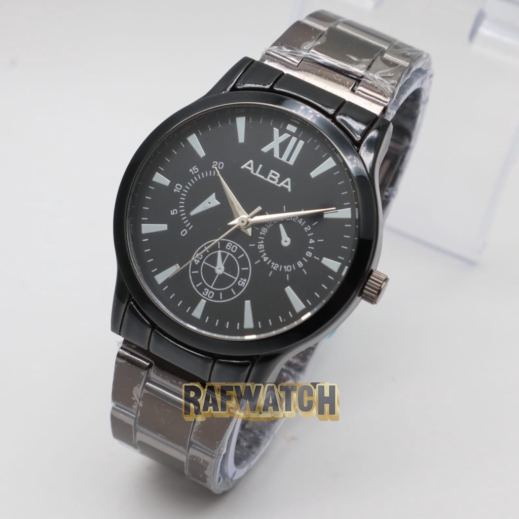 Jam Tangan Pasangan Pria Wanita Analog Casual Rantai Stainless Silver Hitam RPA3