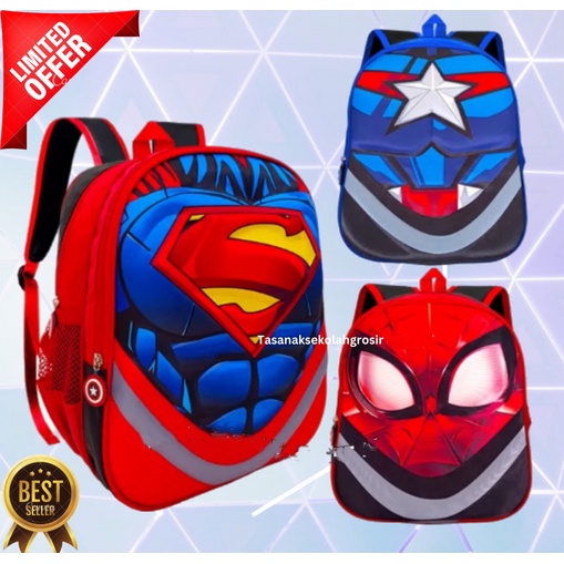 IMPORT ~ Tas Ransel Kilap TK / TAS sekolah anak TK - SD 1-2 / Tas 2 resleting /Tas Ransel Sekolah 2 Ruang TK Superman Batman Bumblebee Captain IRON MAN Hard Cover