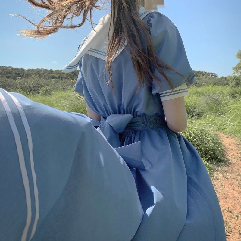 Gaun gaya perguruan tinggi pemblokiran warna wanita musim panas siswa baru rok a-line peri kerah angkatan laut longgar semua cocok