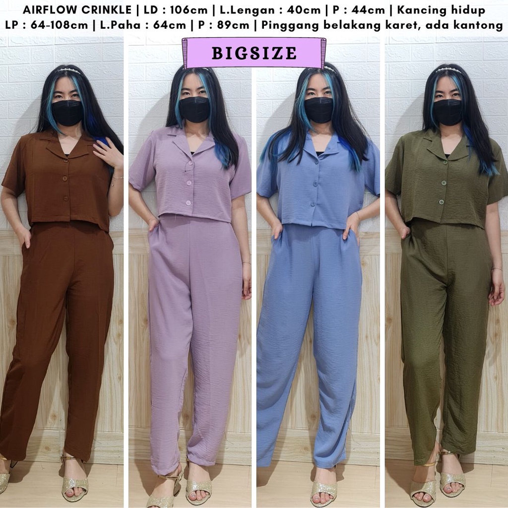 4680 oleander button airflow crinkle long pants one set celana